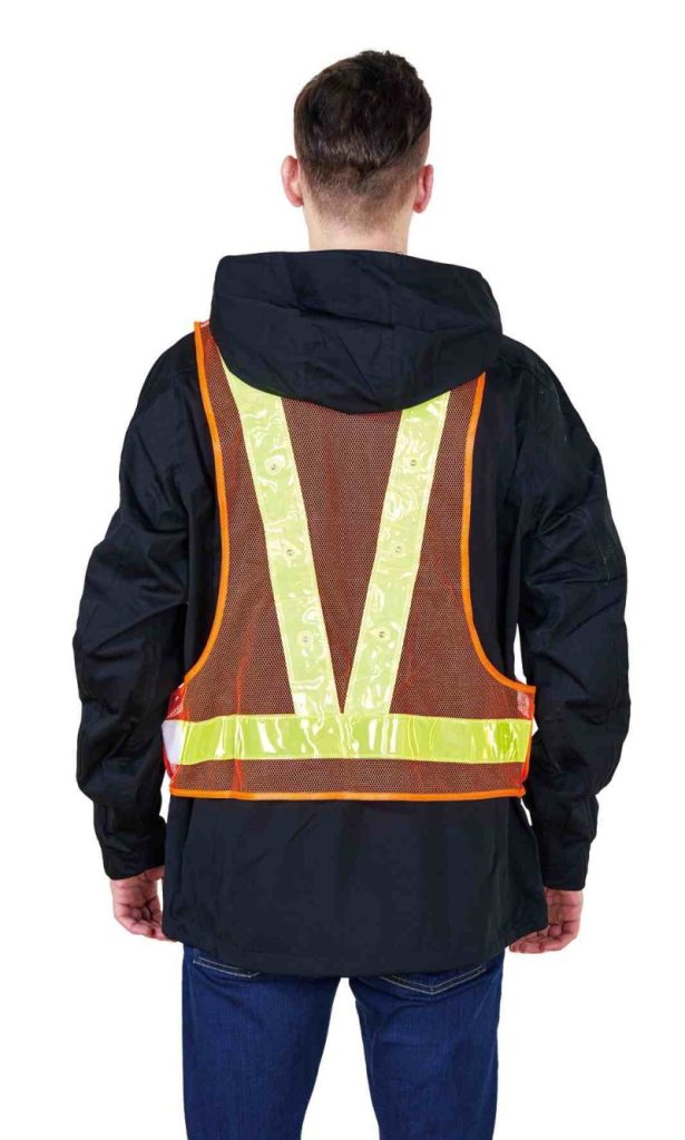 High Visibility Luminous Road Construction Mesh Fabric Led Flash V Shape Safety Reflective Vest 02