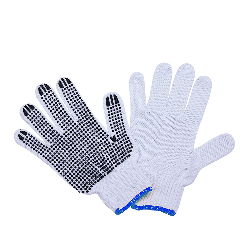 White Knitted Cotton Work Gloves With Black PVC Dot Palm04